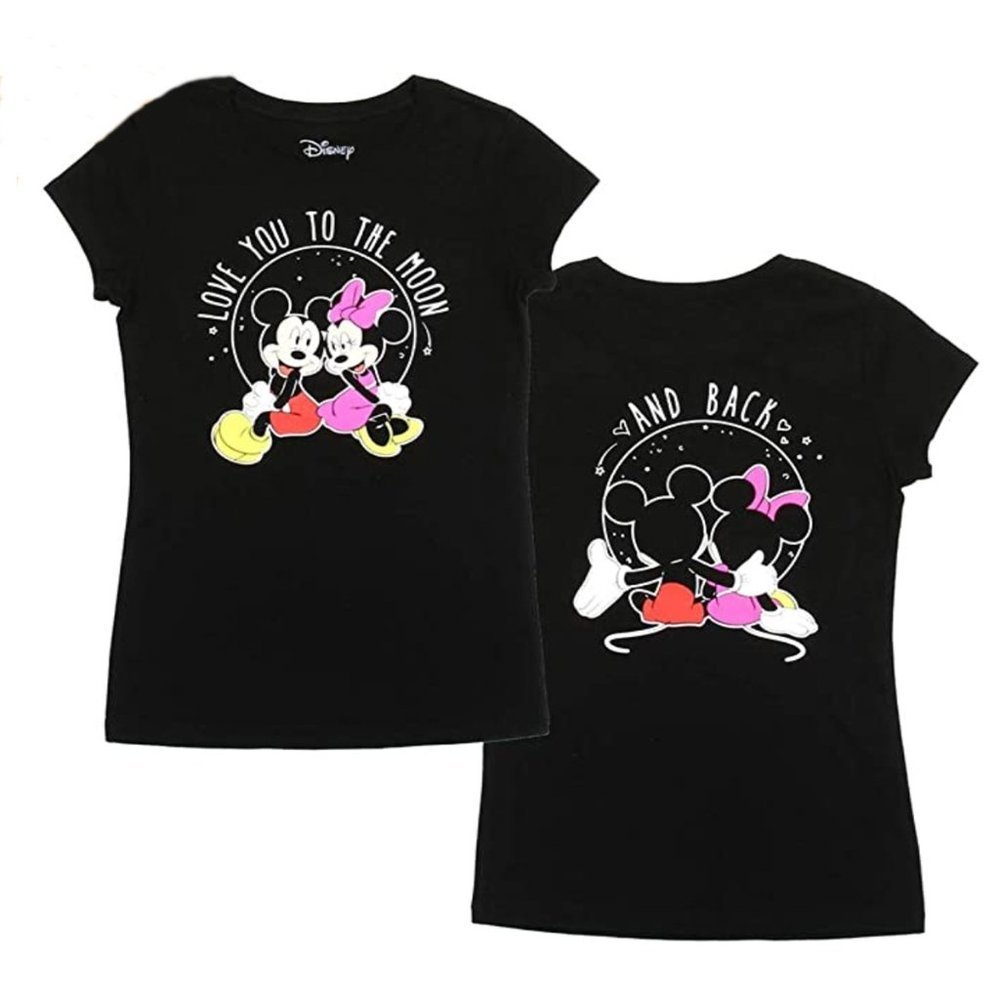 Minnie Mickey Kids Unisex Black T Shirt Printed Front & Back Love You Moon